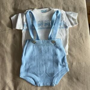 Vintage Golden Gate of California white blue knit baby sweater set train 9mo
